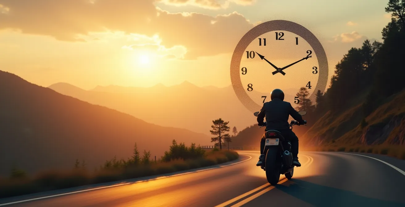 Un motard sur une route panoramique au lever du soleil, avec une horloge transparente fusionnée dans le ciel représentant son rythme circadien.