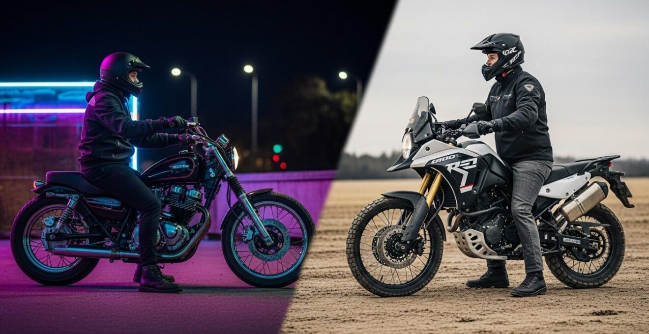 Un motard sur un custom dans un décor urbain nocturne et un motard sur un trail dans un chemin de terre, illustrant deux styles de vie opposés.