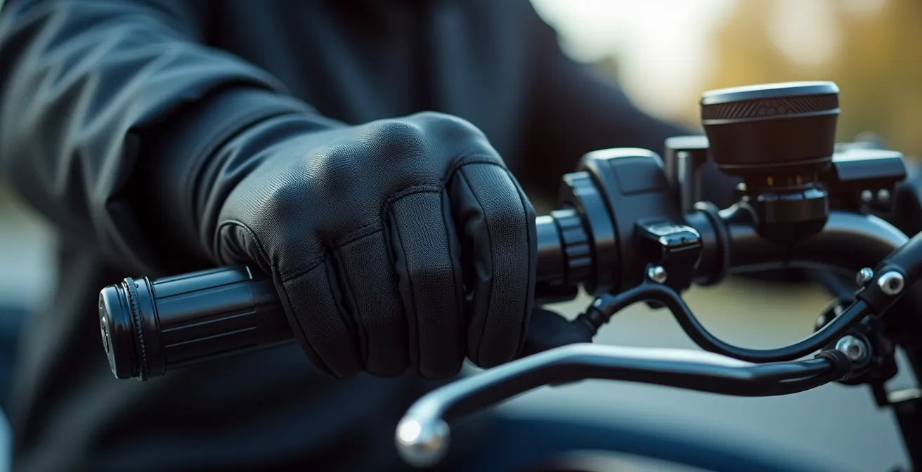 Mains d'un motard portant des gants techniques sur un guidon de moto, illustrant les solutions ergonomiques contre les fourmillements