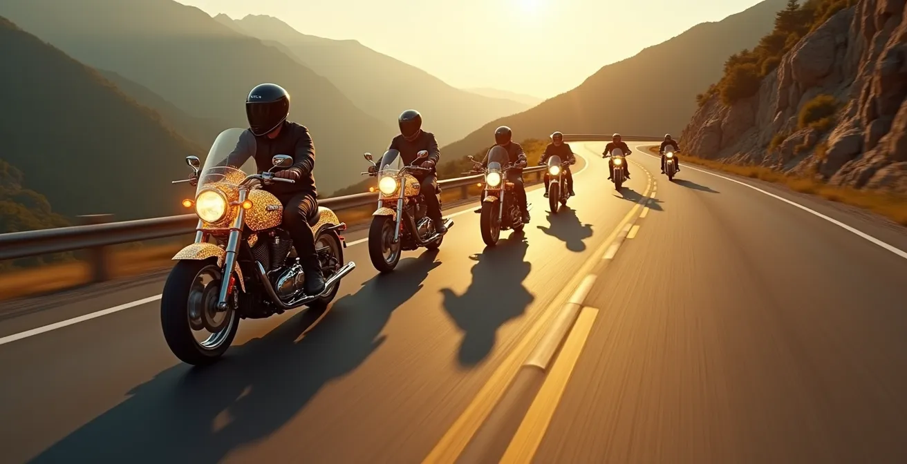 Illustration conceptuelle représentant la mécanique psychologique d'un groupe de motards en balade, avec l'accent sur la cohésion et le leadership