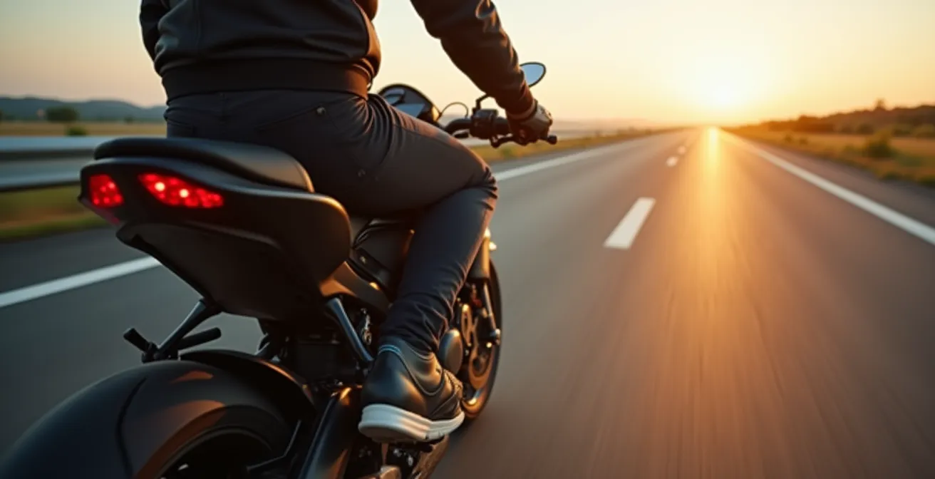 Photo en gros plan d’un motard effectuant des micro-mouvements de mains et chevilles, illustrant les gestes pour le confort sur longs trajets.