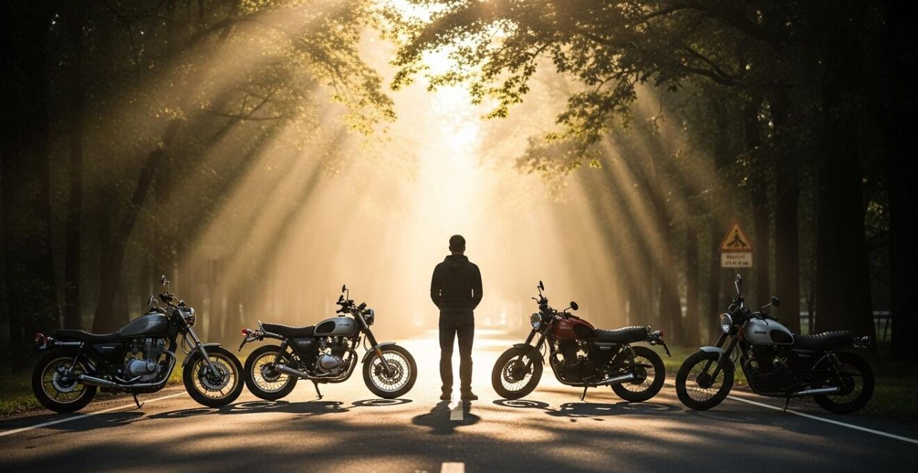 Motard en pleine réflexion devant différents types de motos, ambiance lumineuse et inspirante.