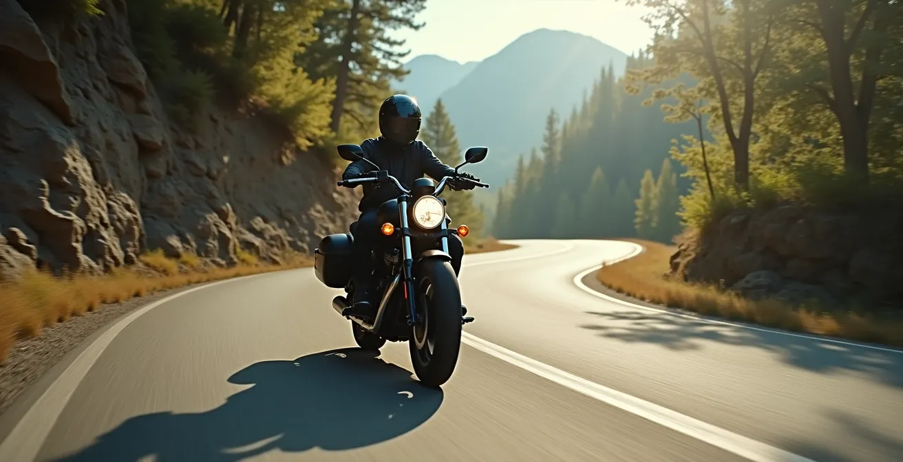 Motard en pleine concentration sur route sinueuse, montrant la sérénité apportée par un équipement complet et adapté