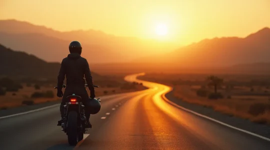 Motard en pleine route contemplant un horizon vaste, symbolisant liberté et préparation