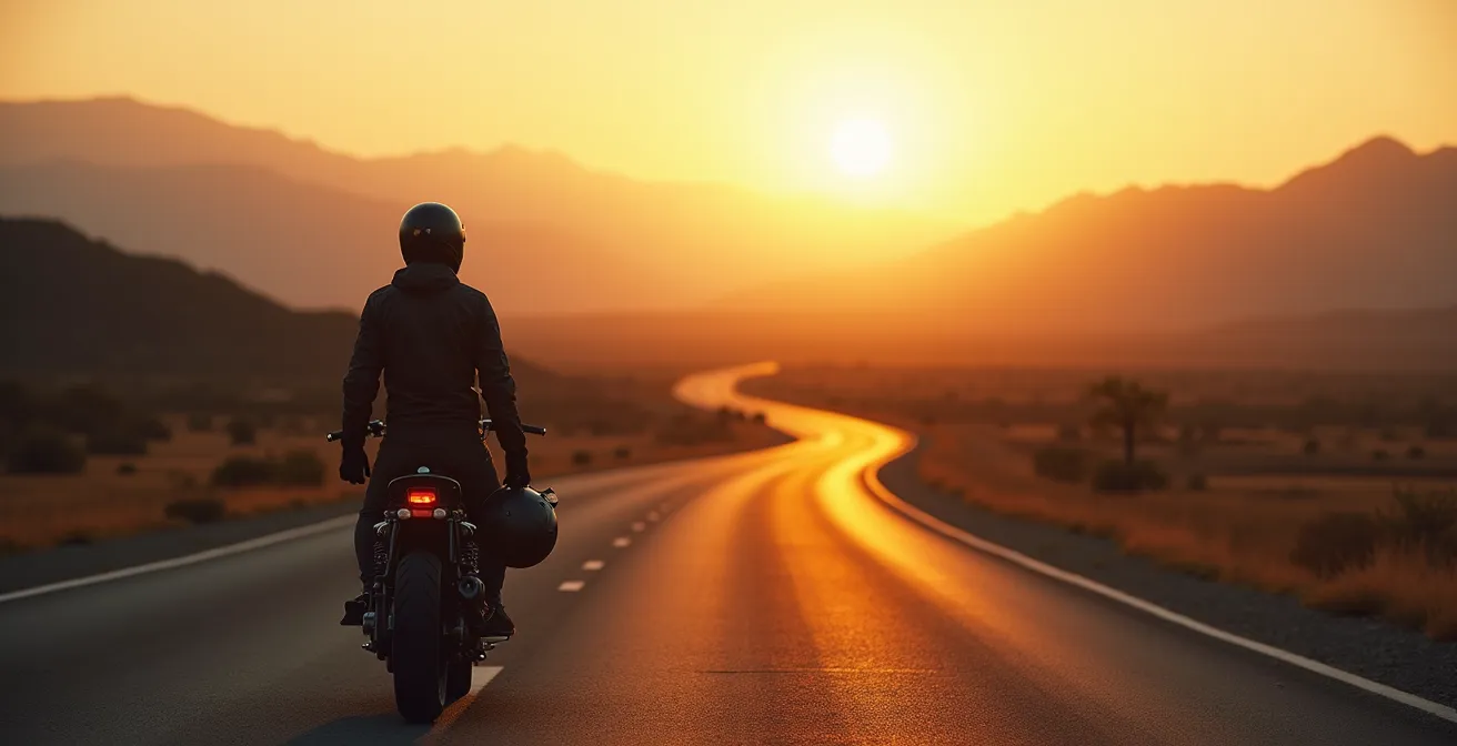 Motard en pleine route contemplant un horizon vaste, symbolisant liberté et préparation