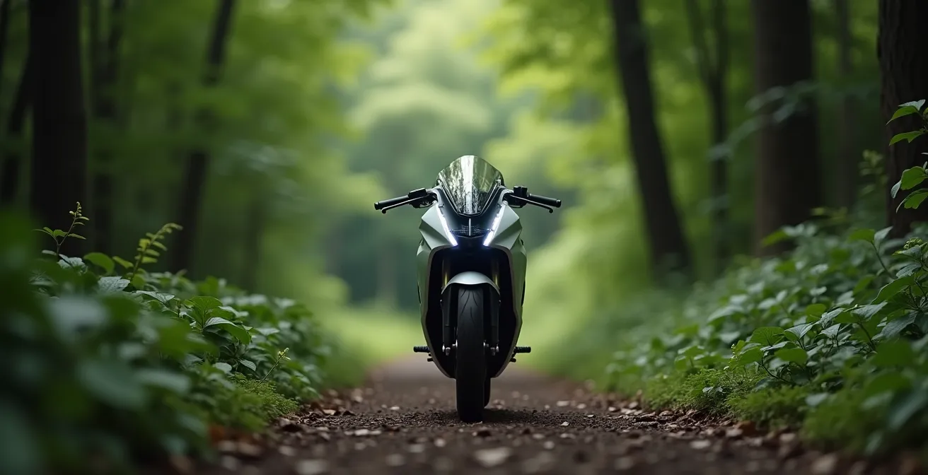 Moto électrique moderne silencieuse traversant un chemin forestier naturel protégée