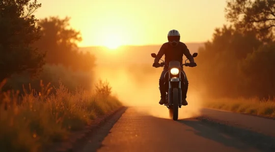 Motocycliste sur une route de campagne sinueuse avec une moto tout-terrain, paysage vaste et nature sauvage