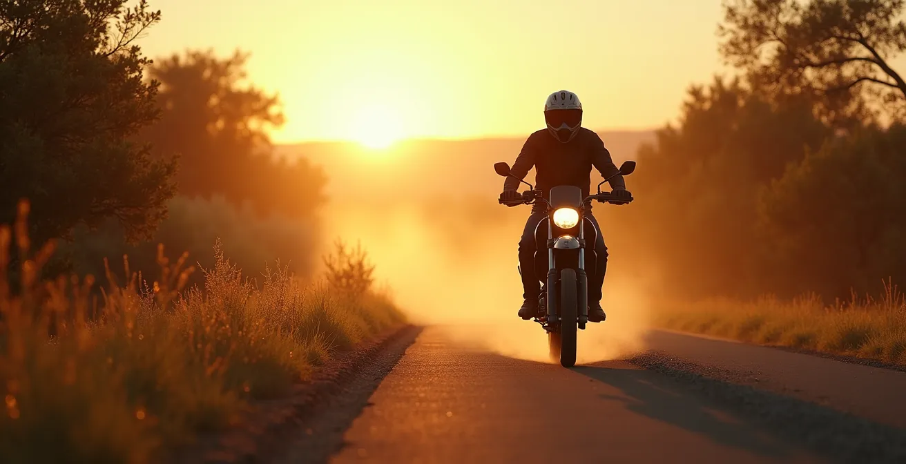 Motocycliste sur une route de campagne sinueuse avec une moto tout-terrain, paysage vaste et nature sauvage