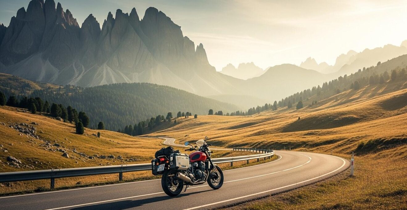 Vue panoramique d'une moto sur une route sinueuse, entourée de nature sauvage et de montagnes, évoquant l'aventure.
