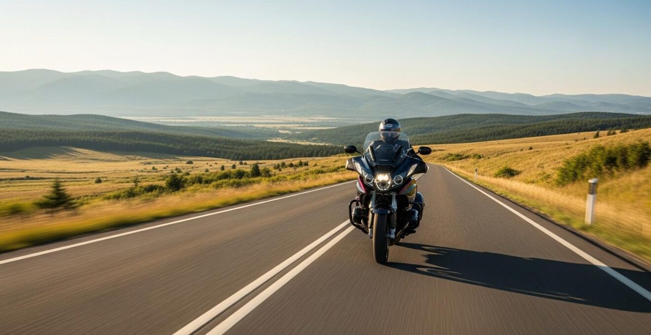Grande moto routiere moderne sur une route sinueuse entourée de paysages naturels, évoquant la polyvalence et le confort.