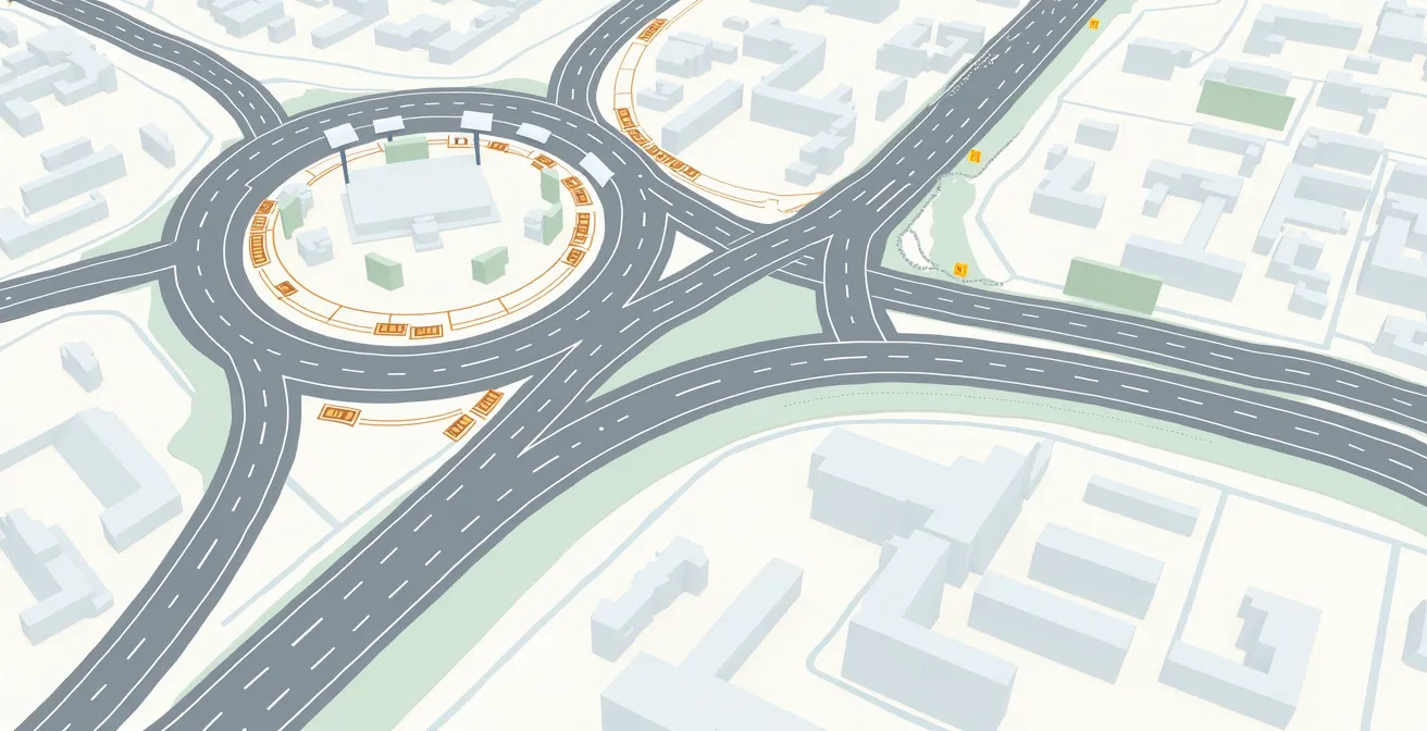 Carte stylisée représentant un parcours d'essai moto de 15 km avec différents scénarios urbains et routiers