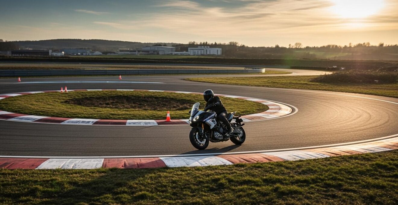 Photographie réaliste d’un parcours de test moto avec différents types de routes et obstacles simulant un essai complet.