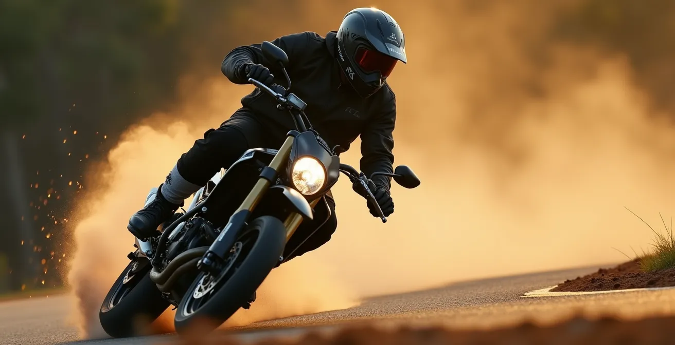 Un pilote de supermotard en train de maîtriser une glisse contrôlée en sortie de virage, jambe sortie, dans un style dynamique et concentré