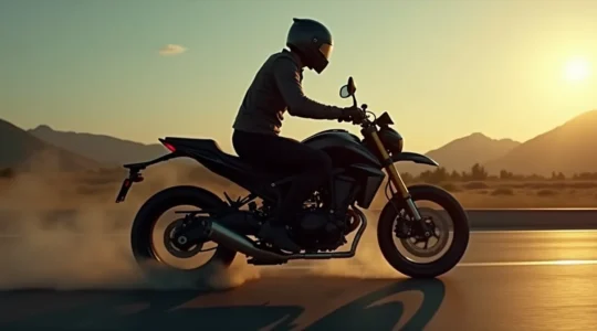 Un pilote de moto en position dynamique, avec posture bien alignée, illustrant l'ajustement du corps pour le pilotage de la moto.