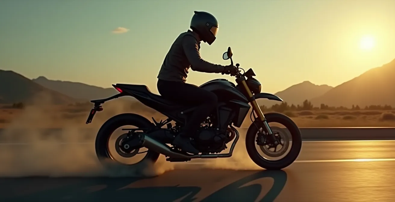 Un pilote de moto en position dynamique, avec posture bien alignée, illustrant l'ajustement du corps pour le pilotage de la moto.