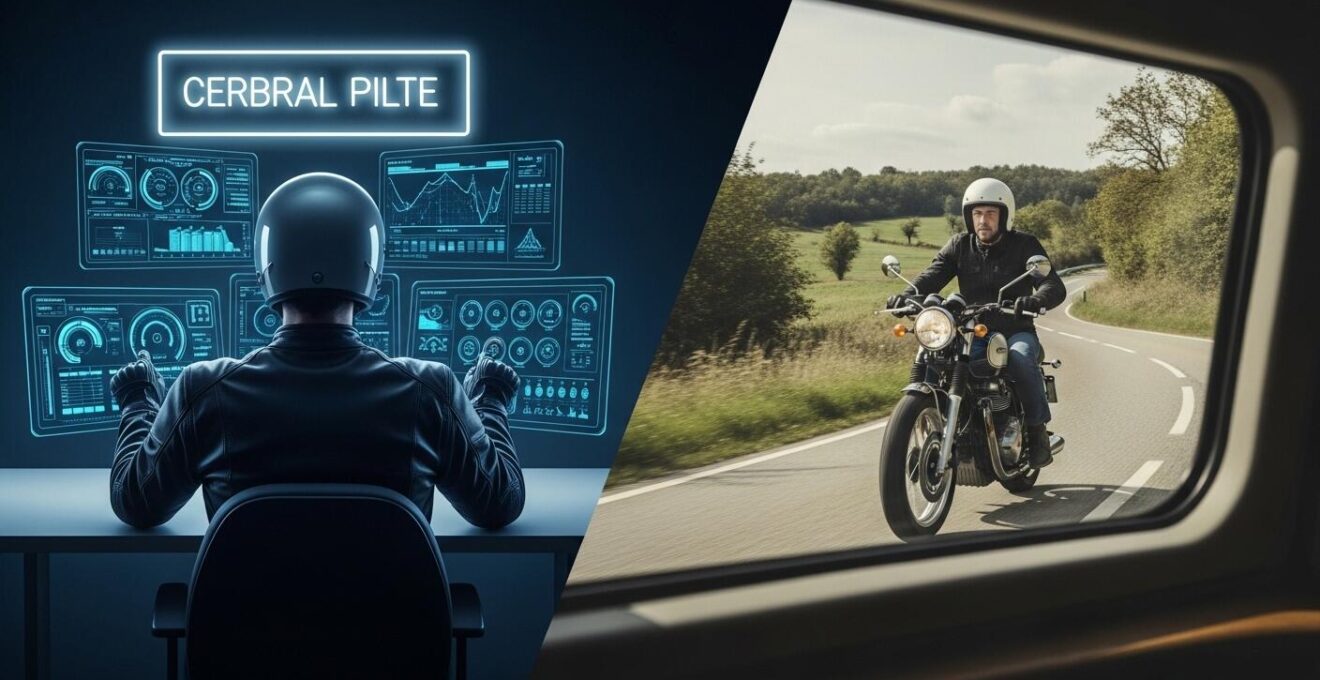 Illustration représentant deux profils de motard, l’un concentré sur l’électronique de la moto, l’autre pilotant de façon intuitive en pleine nature.