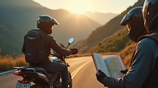 Motard consultant un roadbook papier lors d'une aventure moto sur une route de montagne