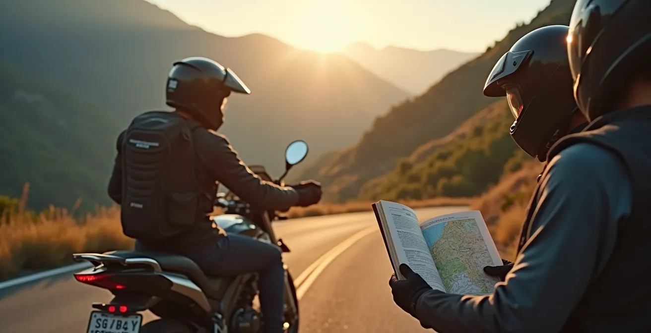 Motard consultant un roadbook papier lors d'une aventure moto sur une route de montagne