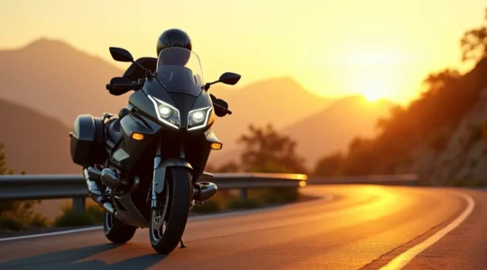 Une moto routière Sport-GT moderne sur une route sinueuse, symbole d'intelligence et de polyvalence dans le choix motocycle