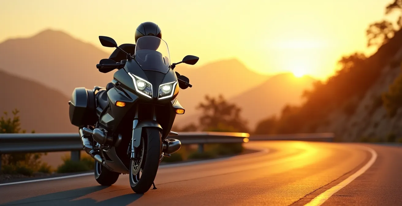 Une moto routière Sport-GT moderne sur une route sinueuse, symbole d'intelligence et de polyvalence dans le choix motocycle