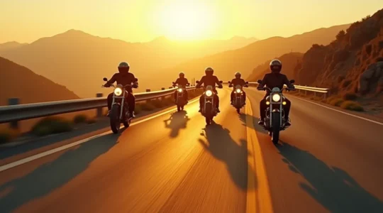 Groupe de motards roulant en harmonie sur une route sinueuse, symbolisant la synchronisation et le rythme partagé