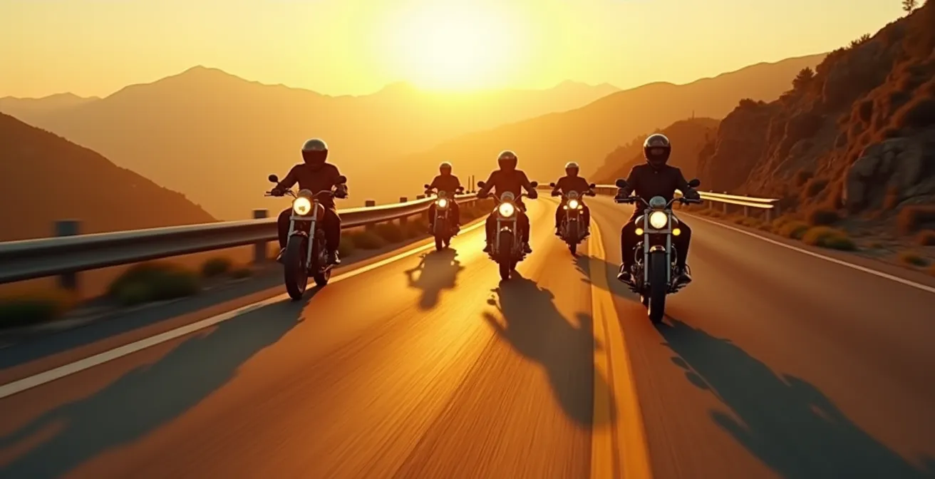 Groupe de motards roulant en harmonie sur une route sinueuse, symbolisant la synchronisation et le rythme partagé