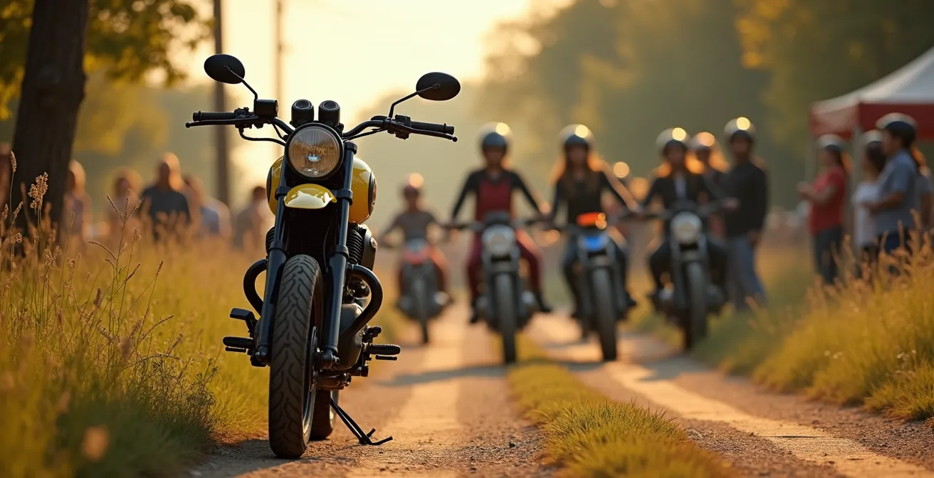 Moto scrambler sur un chemin de campagne avec groupe de motards en arrière-plan lors d'une sortie sociale