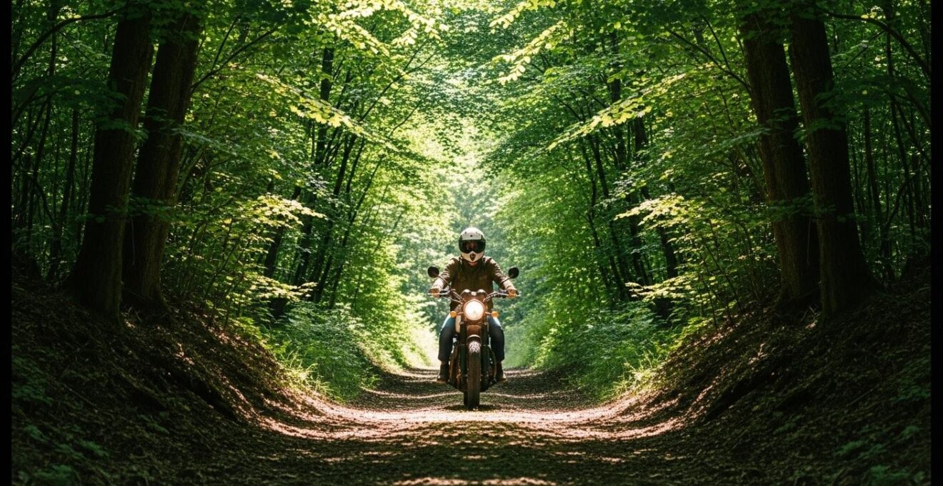 Un scrambler sur un chemin forestier, pilote détendu explorant la nature, ambiance sensorielle et liberté.