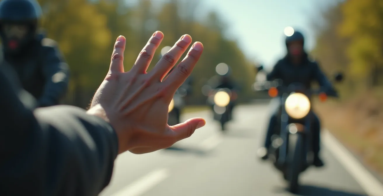 Motard montrant des signaux manuels précis à un autre motard dans un groupe en balade