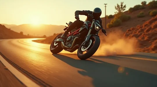 Un pilote de supermotard en action, prenant un virage avec dynamisme sur une route transformée en terrain de jeu