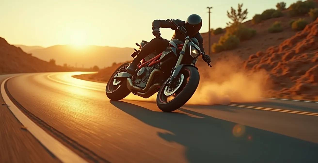 Un pilote de supermotard en action, prenant un virage avec dynamisme sur une route transformée en terrain de jeu