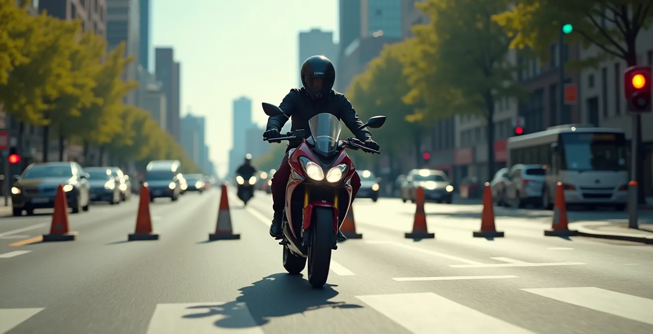 Supermotard à l’assaut d’une rue urbaine avec obstacles, en milieu de trafic dense, montrant maniabilité et agilité dans un contexte urbain animé