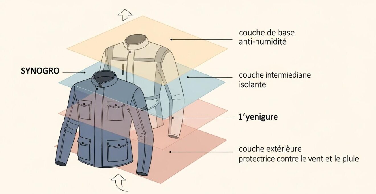 Illustration détaillée des trois couches de vêtements pour motard, montrant la fonction de chaque couche (évacuation humidité, isolation, protection vent/pluie) avec légendes explicatives.