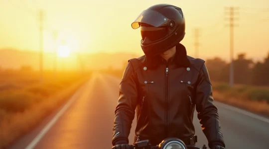 Motard en tenue complète moto, cuir et textile, sur route au coucher du soleil, symbolisant la protection et la vigilance