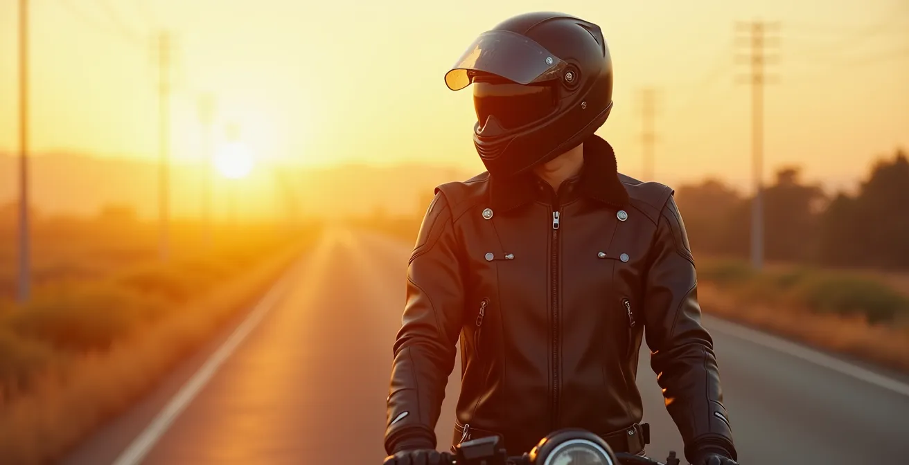 Motard en tenue complète moto, cuir et textile, sur route au coucher du soleil, symbolisant la protection et la vigilance