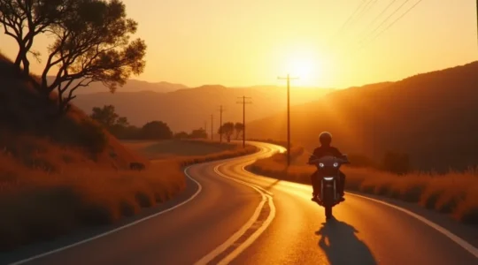 Motard sur une route sinueuse au coucher du soleil, vue arrière, sensation de liberté