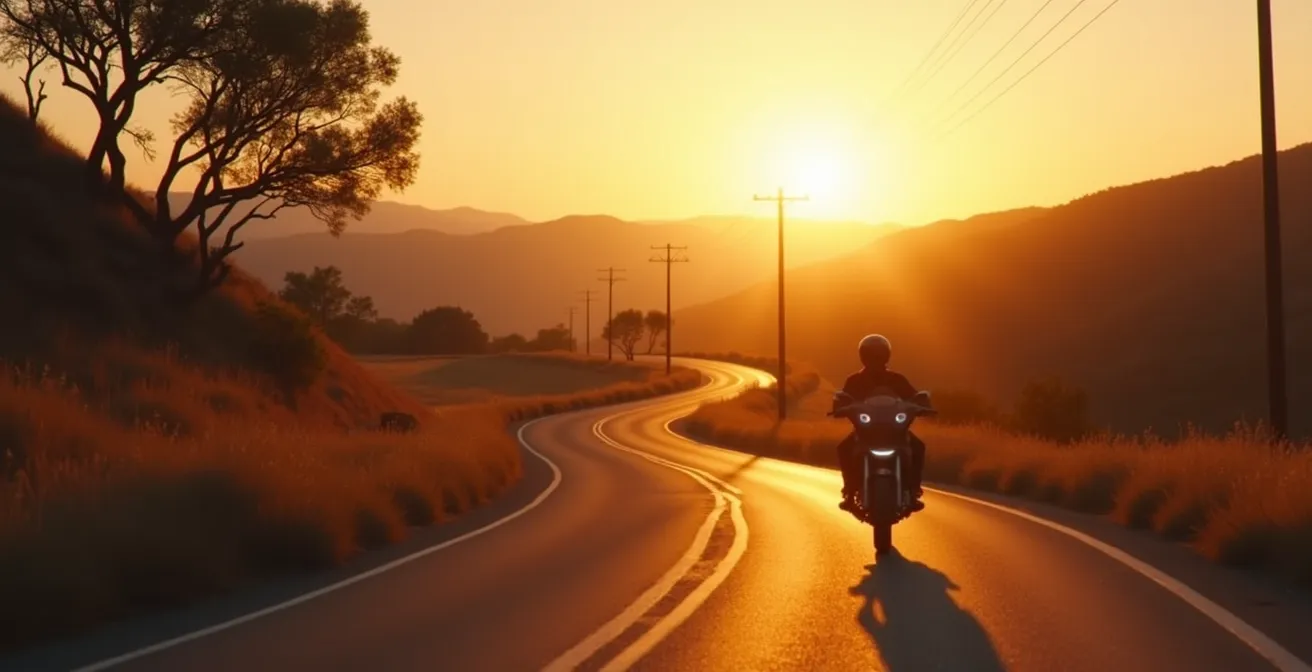 Motard sur une route sinueuse au coucher du soleil, vue arrière, sensation de liberté