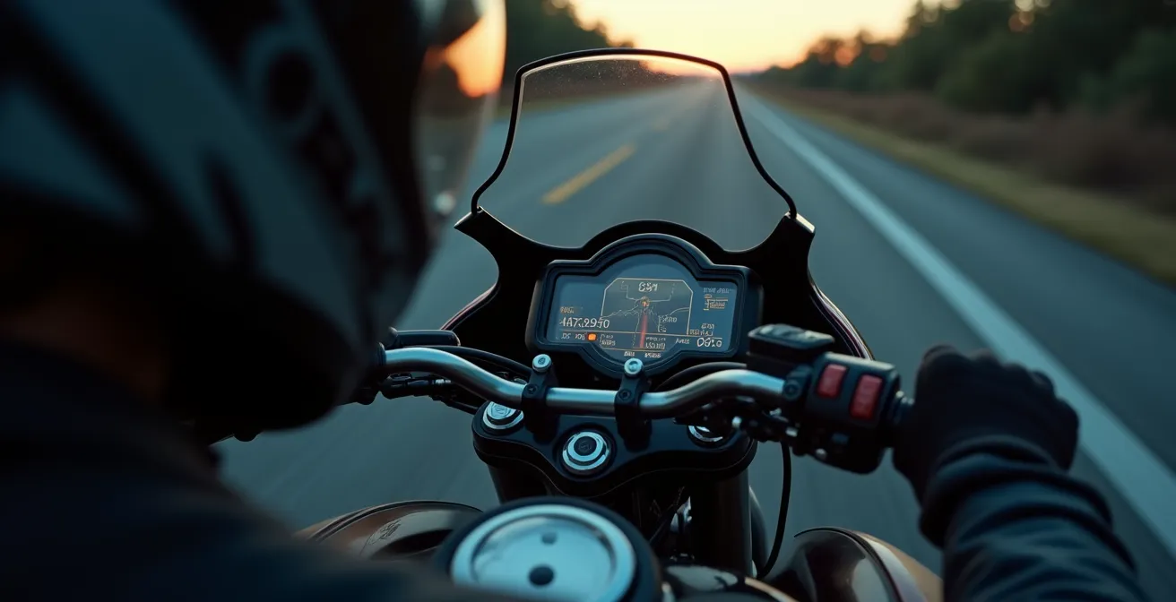 Conceptualisation du piège de la vitesse moyenne montrant un motard stressé regardant son GPS