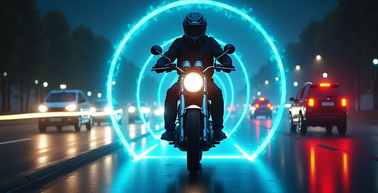 Représentation artistique d'une bulle énergétique dynamique entourant une moto avec des flèches symbolisant l'adaptation au mouvement des véhicules voisins