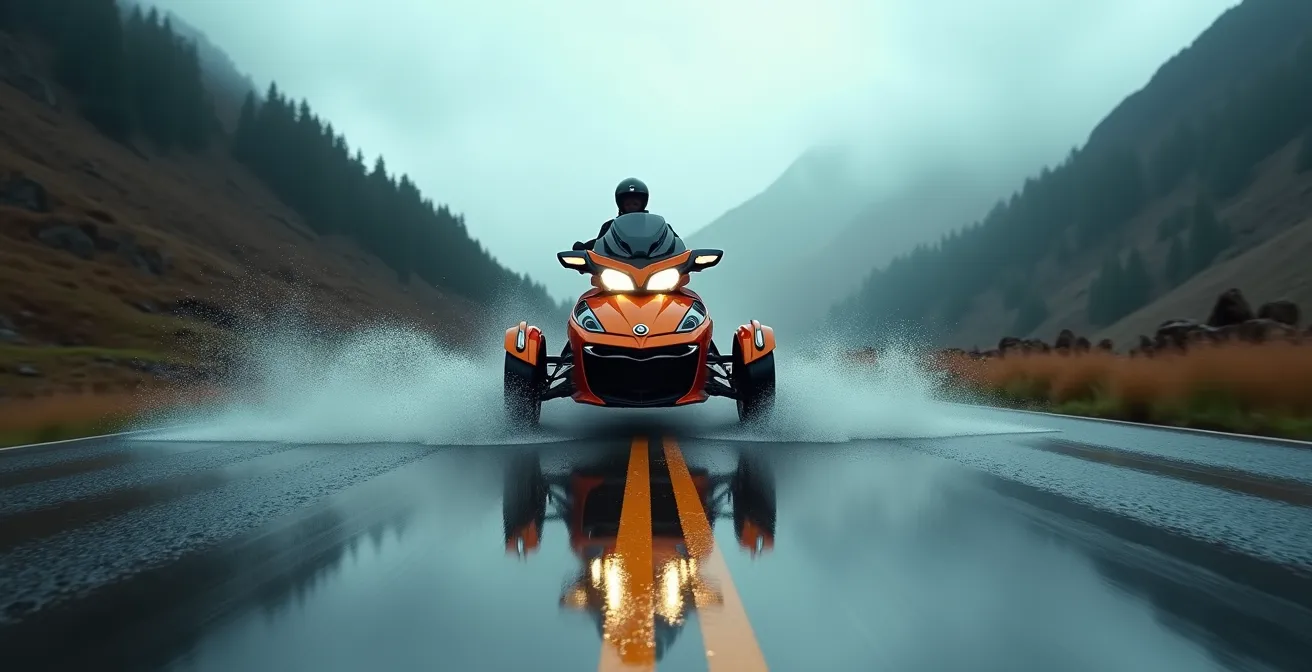 Trois-roues Can-Am traversant une route mouillée montrant les trois traces d'eau distinctes
