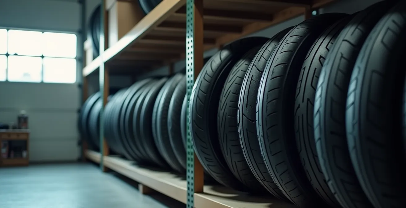 Vue détaillée d'un pneu moto stocké correctement montrant l'emplacement du code DOT
