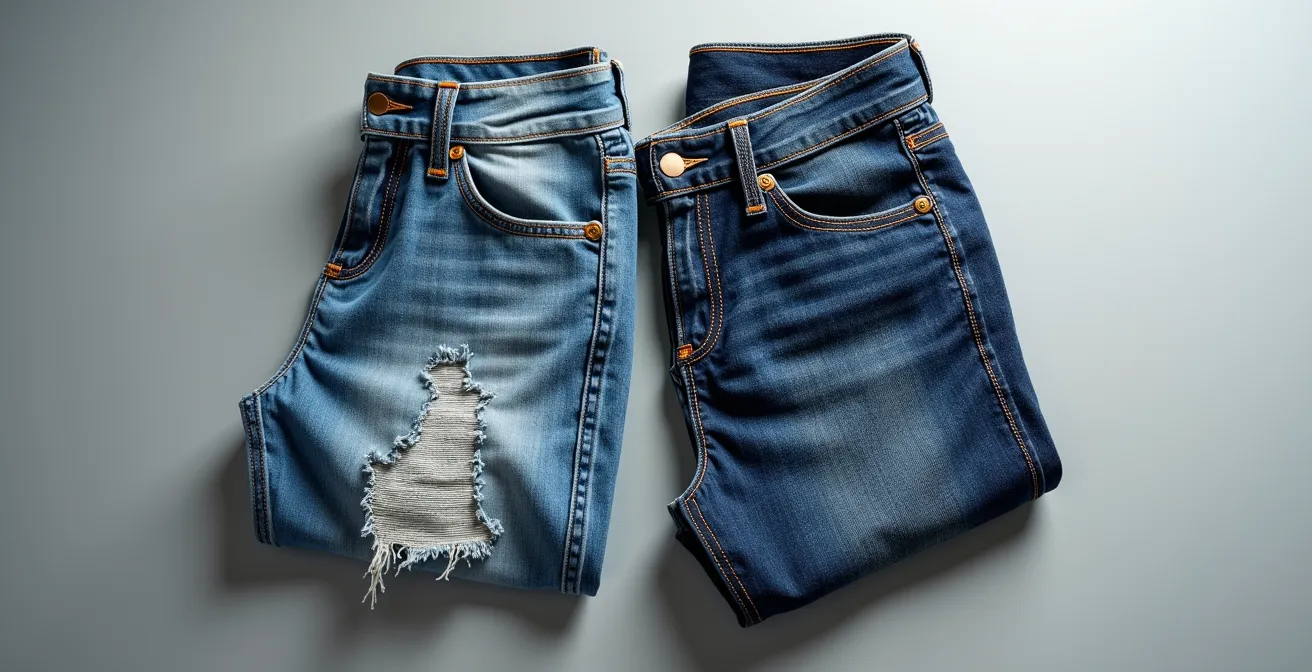 Comparaison visuelle entre tissu jean déchiré et jean moto intact après test d'abrasion