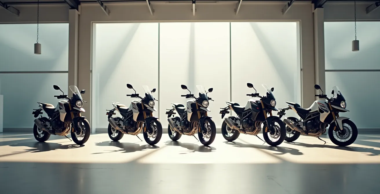 Vue comparative de motos A2 natives et bridées dans un garage d'apprentissage