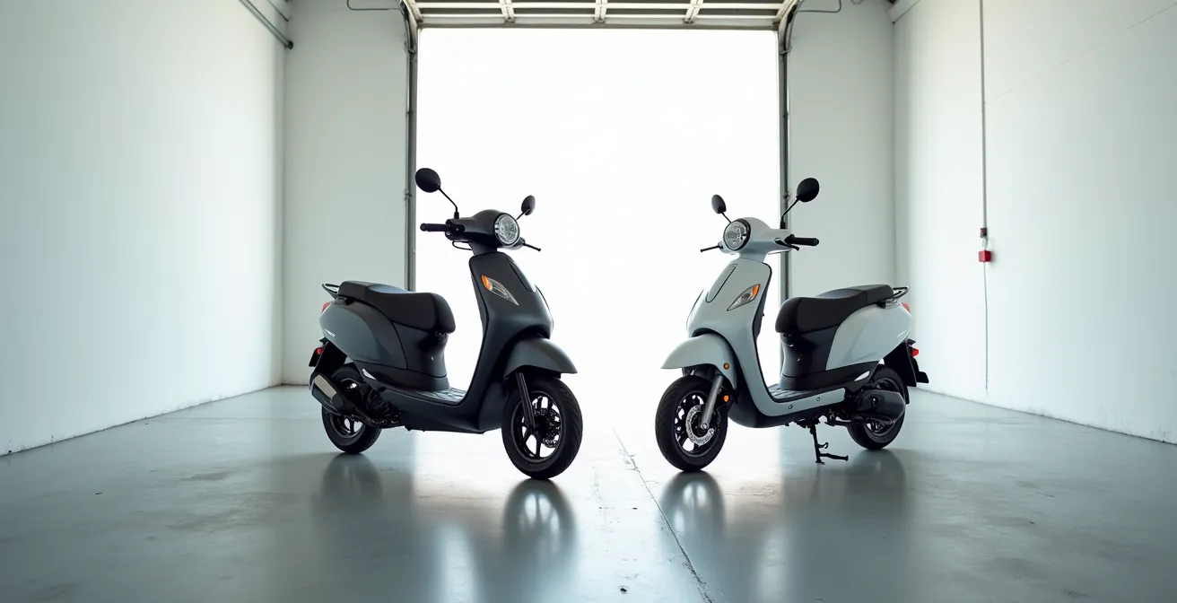 Vue comparative de deux scooters 50cc côte à côte montrant les différences d'équipements de sécurité