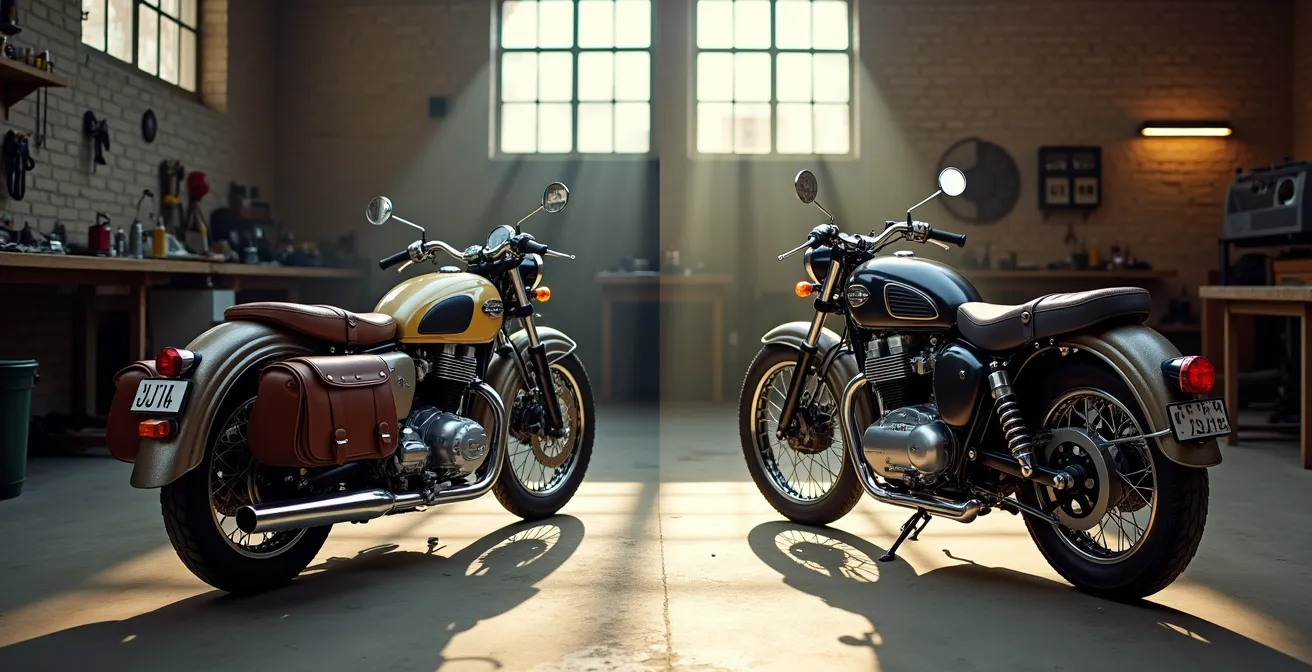 Vue latérale comparative d'un side-car vintage et d'un modèle moderne dans un garage