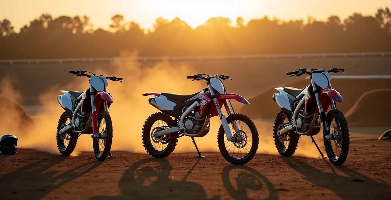 Vue de profil de trois motos de cross alignées sur terrain sec avec équipements de pilote