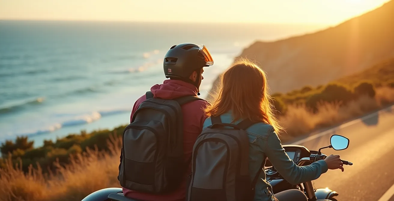 Couple en voyage sur un trike équipé de bagages traversant un paysage côtier spectaculaire