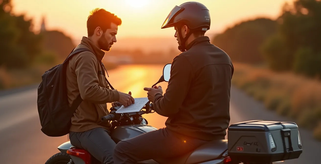 Couple partageant un moment de pause lors d'un voyage en side-car au coucher du soleil