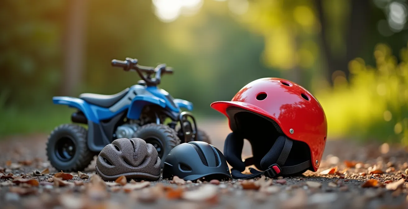 Enfant équipé de protections complètes apprenant le quad avec supervision parentale