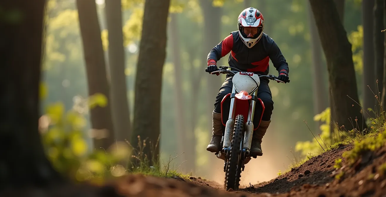 Pilote de motocross en position debout sur sa moto traversant un passage technique en forêt